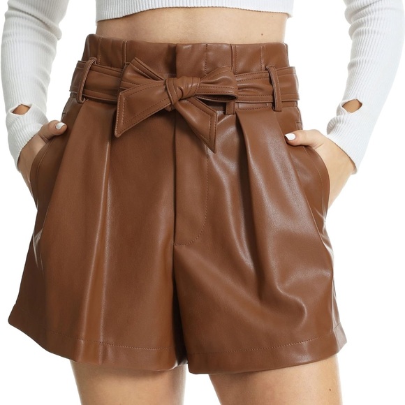 Fahsyee Pants - High Waist Brown Faux Leather Shorts